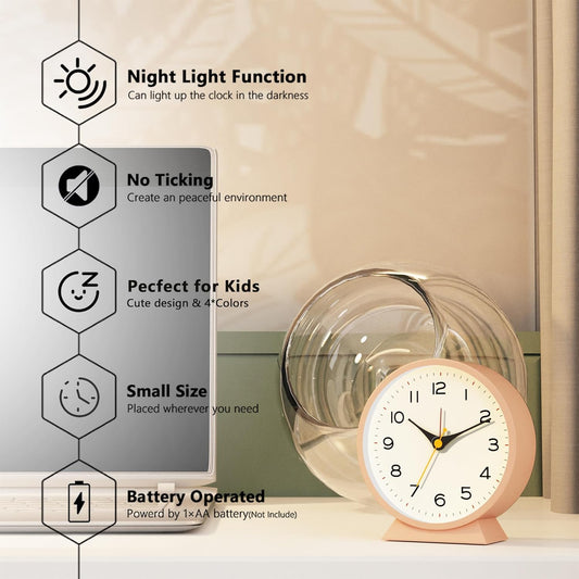 ® 4.5" Analog Alarm Clock,Small Retro Desk Clock Battery Operated,Silent Metal Table Clock with Light for Living Room Decor,Bedroom,Bedside,Shelf(Light Pink)
