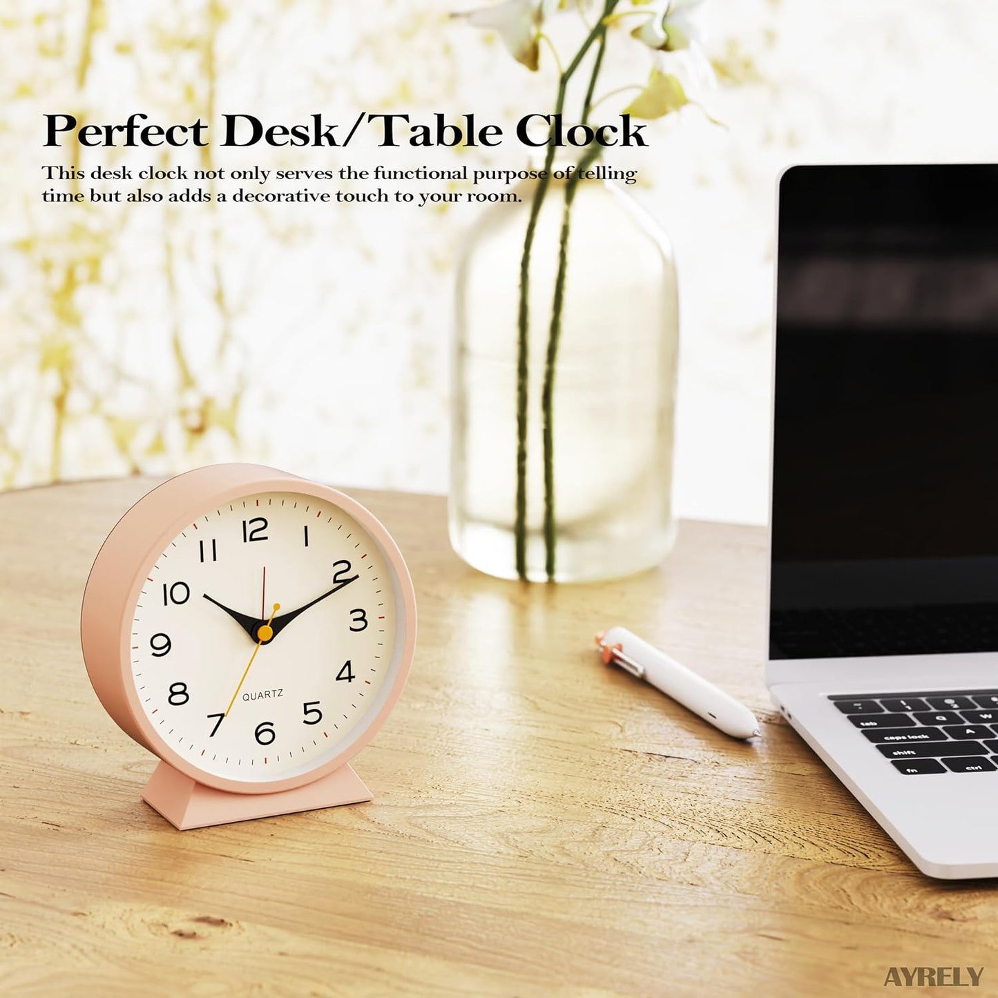 ® 4.5" Analog Alarm Clock,Small Retro Desk Clock Battery Operated,Silent Metal Table Clock with Light for Living Room Decor,Bedroom,Bedside,Shelf(Light Pink)