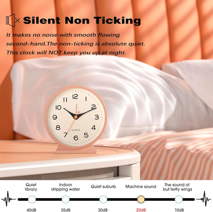® 4.5" Analog Alarm Clock,Small Retro Desk Clock Battery Operated,Silent Metal Table Clock with Light for Living Room Decor,Bedroom,Bedside,Shelf(Light Pink)