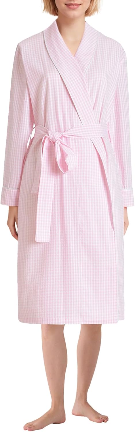 Women's Petite Robe Seersucker Cotton Bathrobe with Pockets Petite Length