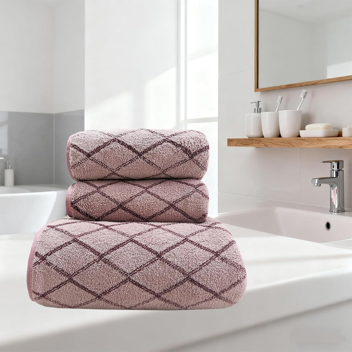 3-Piece Towel Set Bath and Hand Towels, Pink Checkered Print, Coral Fleece, Super Absorbent & Quick-Drying for Bathroom, Gym, Guest Use (1 Bath Sheet + 2 Hand Towels)