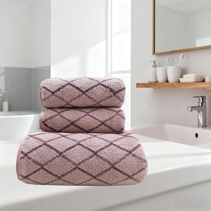 3-Piece Towel Set Bath and Hand Towels, Pink Checkered Print, Coral Fleece, Super Absorbent & Quick-Drying for Bathroom, Gym, Guest Use (1 Bath Sheet + 2 Hand Towels)