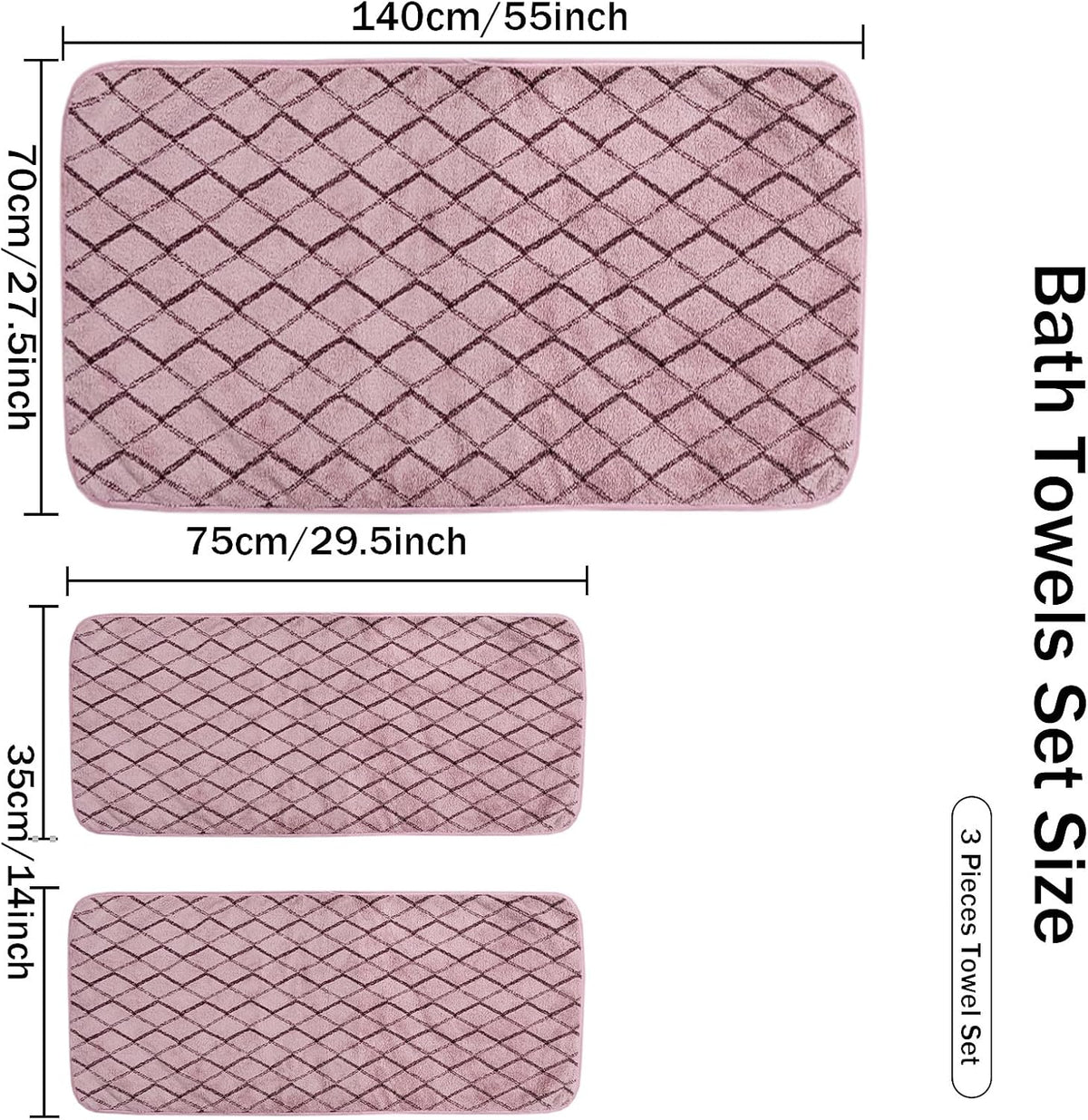 3-Piece Towel Set Bath and Hand Towels, Pink Checkered Print, Coral Fleece, Super Absorbent & Quick-Drying for Bathroom, Gym, Guest Use (1 Bath Sheet + 2 Hand Towels)