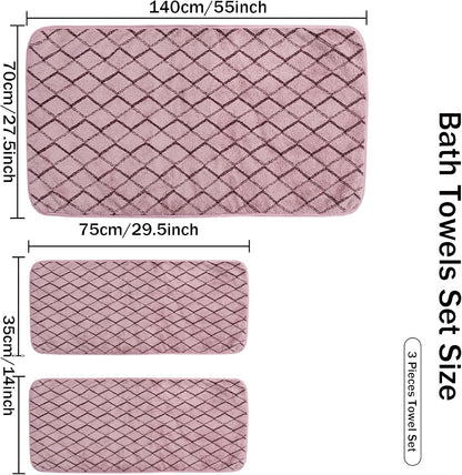 3-Piece Towel Set Bath and Hand Towels, Pink Checkered Print, Coral Fleece, Super Absorbent & Quick-Drying for Bathroom, Gym, Guest Use (1 Bath Sheet + 2 Hand Towels)