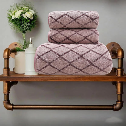 3-Piece Towel Set Bath and Hand Towels, Pink Checkered Print, Coral Fleece, Super Absorbent & Quick-Drying for Bathroom, Gym, Guest Use (1 Bath Sheet + 2 Hand Towels)