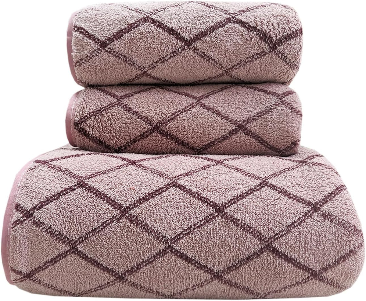 3-Piece Towel Set Bath and Hand Towels, Pink Checkered Print, Coral Fleece, Super Absorbent & Quick-Drying for Bathroom, Gym, Guest Use (1 Bath Sheet + 2 Hand Towels)