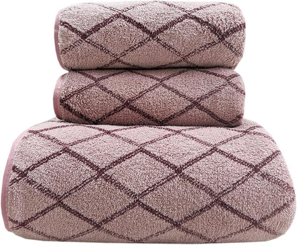 3-Piece Towel Set Bath and Hand Towels, Pink Checkered Print, Coral Fleece, Super Absorbent & Quick-Drying for Bathroom, Gym, Guest Use (1 Bath Sheet + 2 Hand Towels)