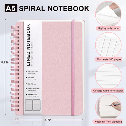 Lined Spiral Notebook for Women, A5 College Ruled Leather Spiral Journals