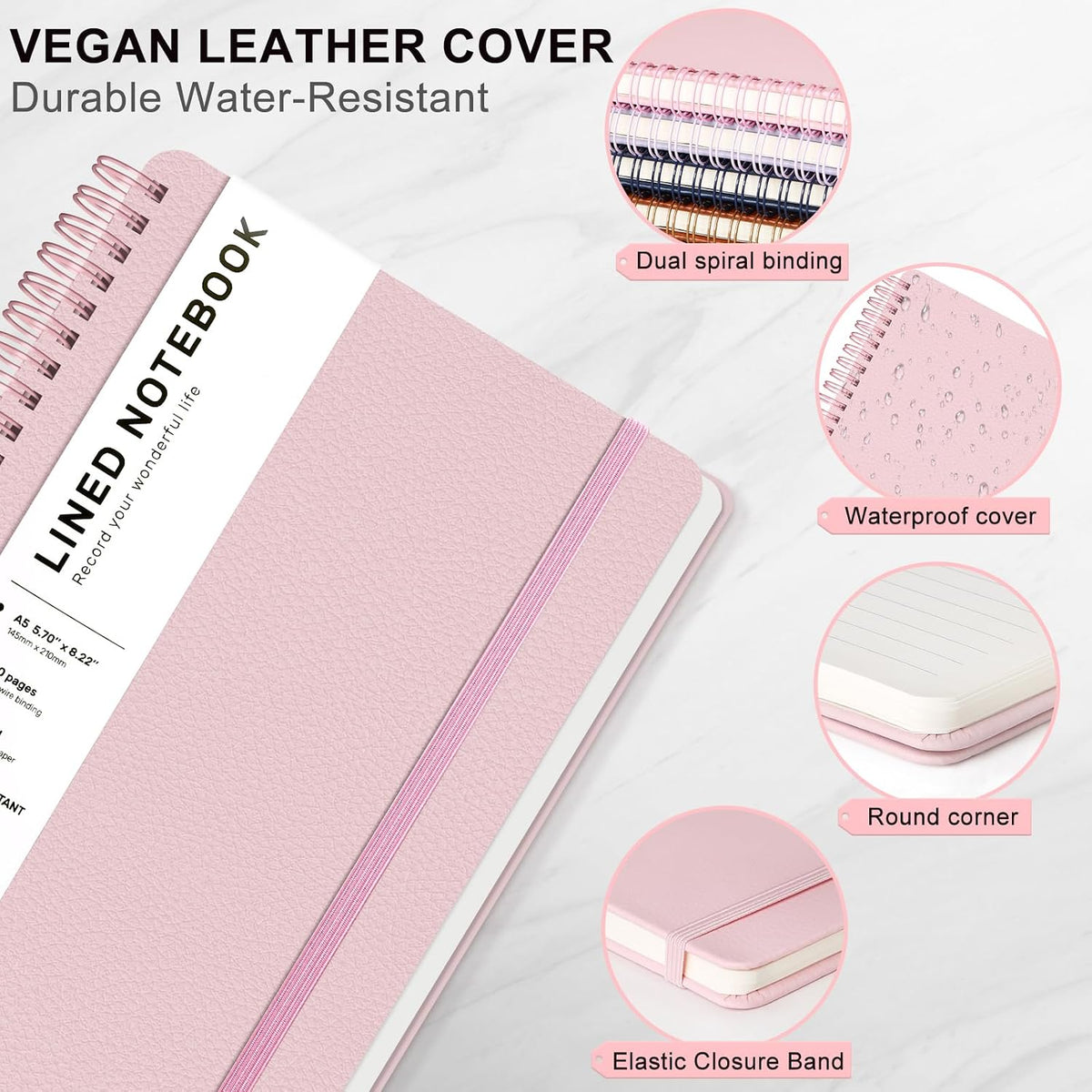 Lined Spiral Notebook for Women, A5 College Ruled Leather Spiral Journals
