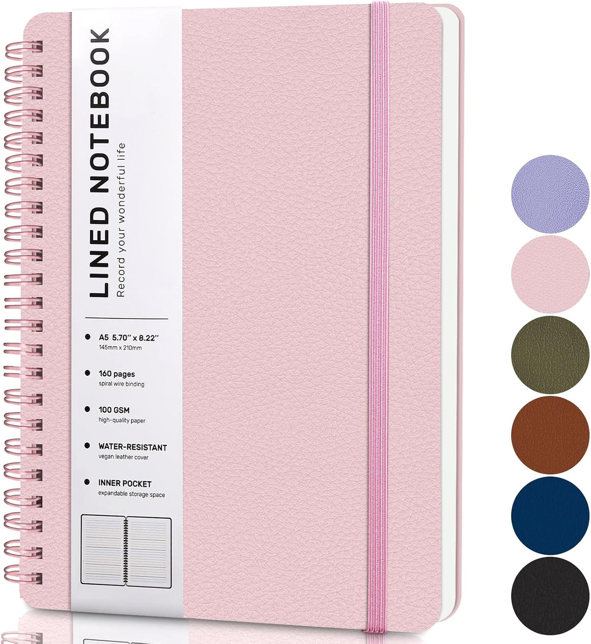 Lined Spiral Notebook for Women, A5 College Ruled Leather Spiral Journals