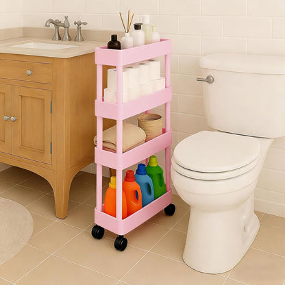 4 Tier Bathroom Storage Organizer, Slim Rolling Storage Cart for Narrow Space, Mobile Shelving Unit with Lockable Wheels and Hooks for Bathroom, Kitchen, Laundry Movable Shelf (Pink)
