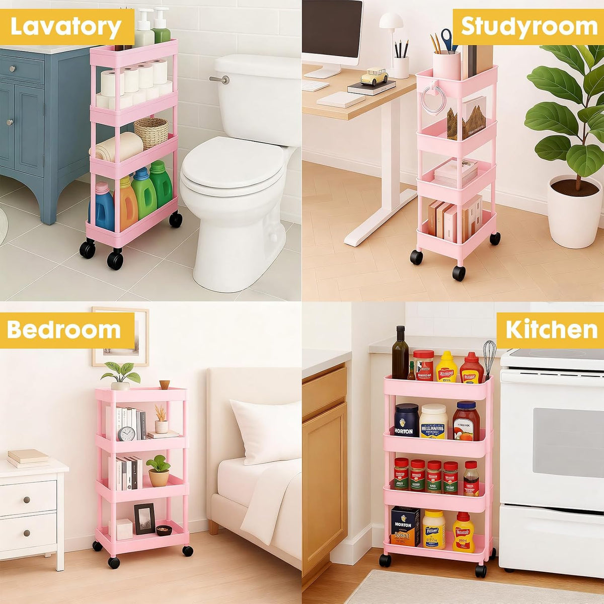 4 Tier Bathroom Storage Organizer, Slim Rolling Storage Cart for Narrow Space, Mobile Shelving Unit with Lockable Wheels and Hooks for Bathroom, Kitchen, Laundry Movable Shelf (Pink)
