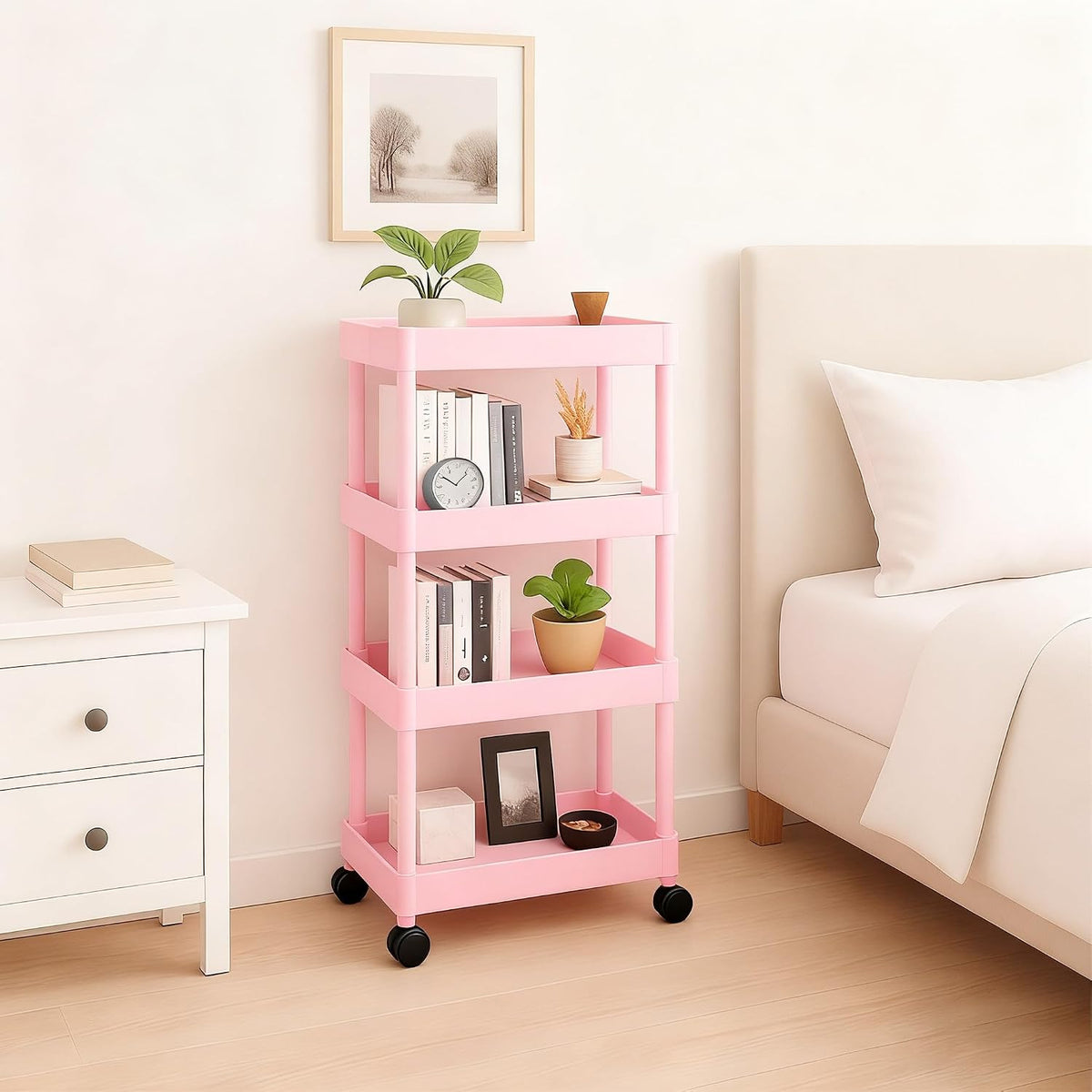 4 Tier Bathroom Storage Organizer, Slim Rolling Storage Cart for Narrow Space, Mobile Shelving Unit with Lockable Wheels and Hooks for Bathroom, Kitchen, Laundry Movable Shelf (Pink)