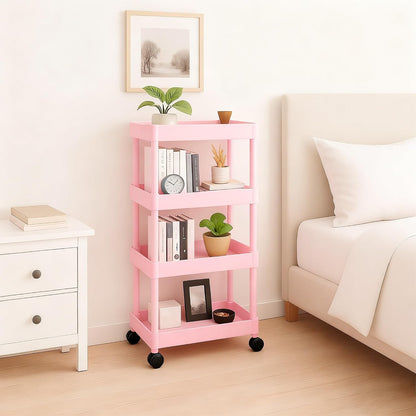 4 Tier Bathroom Storage Organizer, Slim Rolling Storage Cart for Narrow Space, Mobile Shelving Unit with Lockable Wheels and Hooks for Bathroom, Kitchen, Laundry Movable Shelf (Pink)