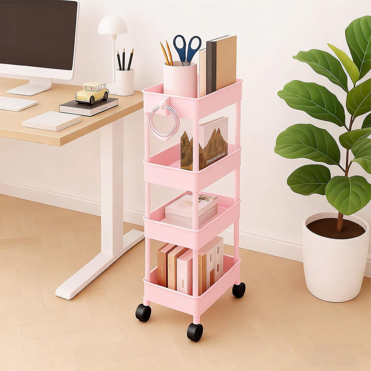 4 Tier Bathroom Storage Organizer, Slim Rolling Storage Cart for Narrow Space, Mobile Shelving Unit with Lockable Wheels and Hooks for Bathroom, Kitchen, Laundry Movable Shelf (Pink)