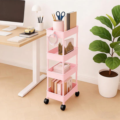 4 Tier Bathroom Storage Organizer, Slim Rolling Storage Cart for Narrow Space, Mobile Shelving Unit with Lockable Wheels and Hooks for Bathroom, Kitchen, Laundry Movable Shelf (Pink)