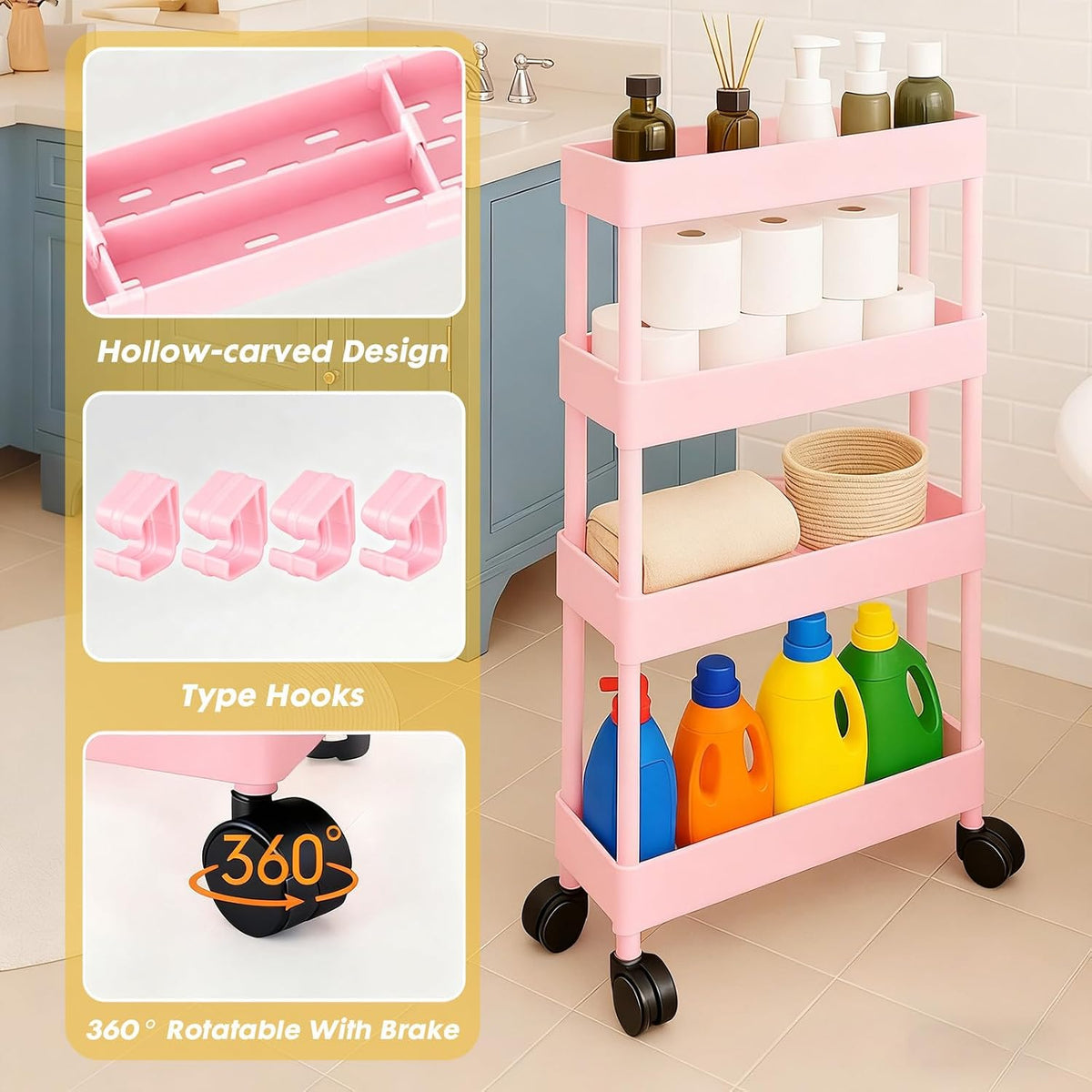 4 Tier Bathroom Storage Organizer, Slim Rolling Storage Cart for Narrow Space, Mobile Shelving Unit with Lockable Wheels and Hooks for Bathroom, Kitchen, Laundry Movable Shelf (Pink)