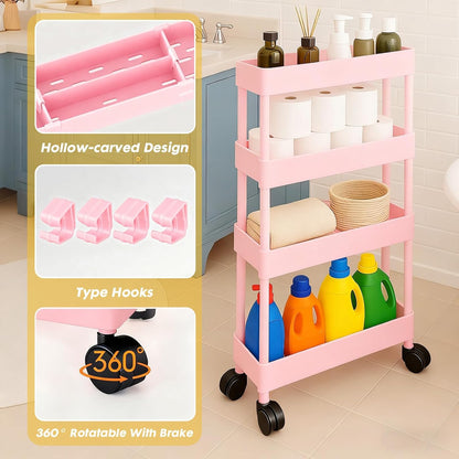 4 Tier Bathroom Storage Organizer, Slim Rolling Storage Cart for Narrow Space, Mobile Shelving Unit with Lockable Wheels and Hooks for Bathroom, Kitchen, Laundry Movable Shelf (Pink)