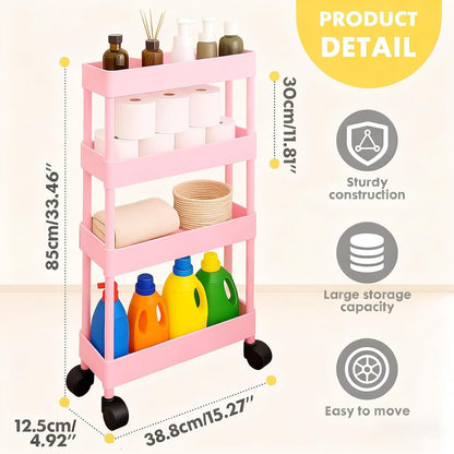 4 Tier Bathroom Storage Organizer, Slim Rolling Storage Cart for Narrow Space, Mobile Shelving Unit with Lockable Wheels and Hooks for Bathroom, Kitchen, Laundry Movable Shelf (Pink)