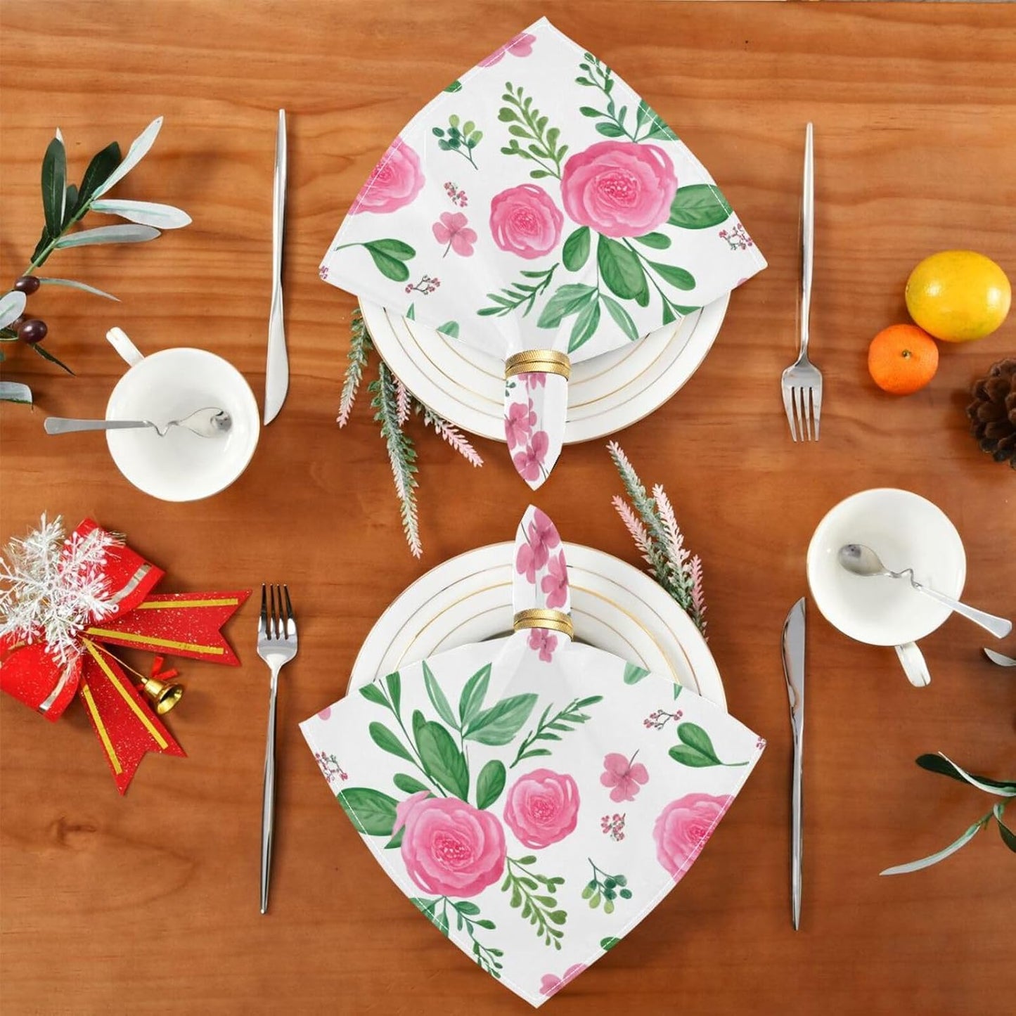 Qilmy Pink Flowers Cloth Napkins Set of 1, Ultra Soft Washable Reusable Polyester Dinner Table Napkins for Home Holiday Wedding Party 20 x 20 Inch