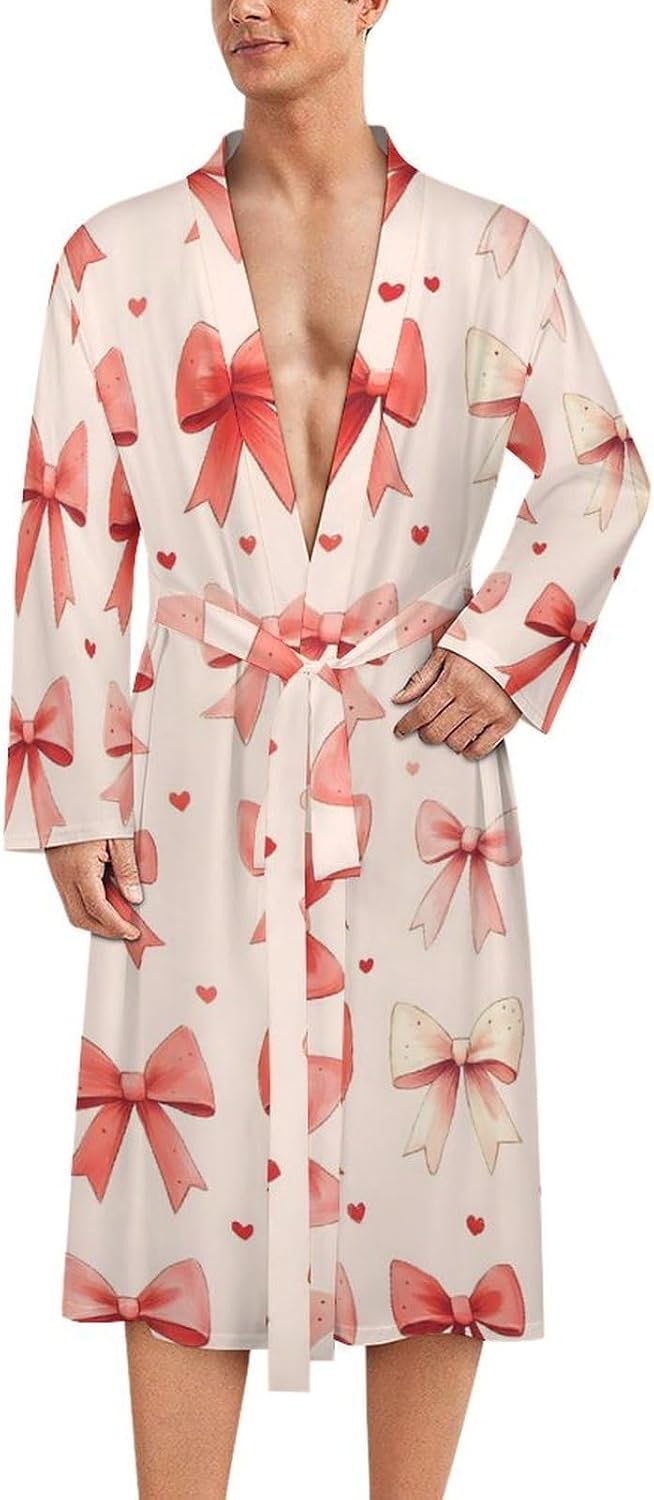 Pink Bow Print Robes for Men Women, Soft Bathrobe Long Men Womens Robes Lightweight Cozy Bath Robe