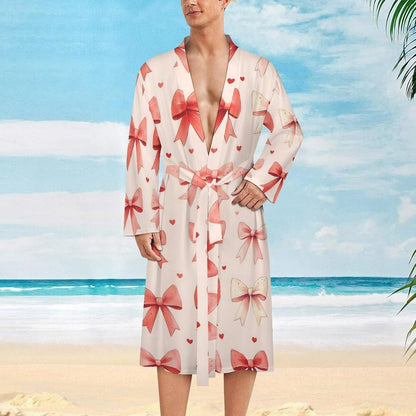 Pink Bow Print Robes for Men Women, Soft Bathrobe Long Men Womens Robes Lightweight Cozy Bath Robe