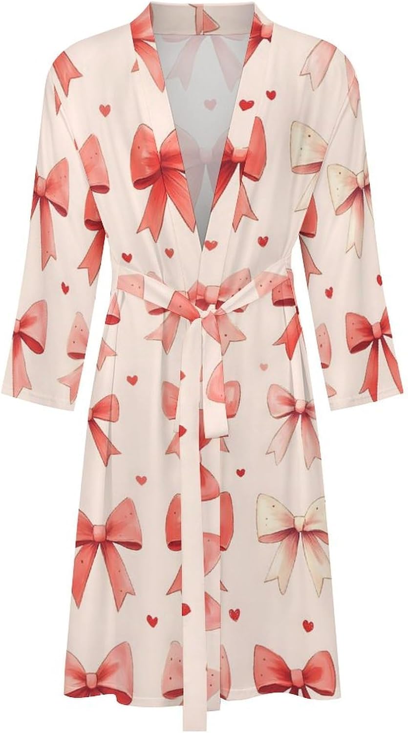 Pink Bow Print Robes for Men Women, Soft Bathrobe Long Men Womens Robes Lightweight Cozy Bath Robe