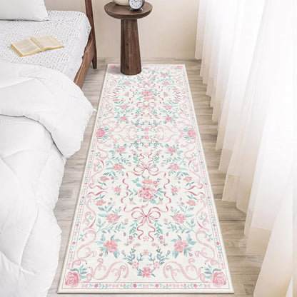 2'x6' Washable Pink Area Rug Floral Bow Small Rug with Rubber Back