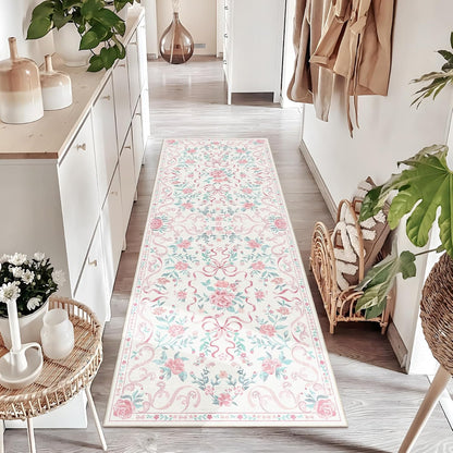 2'x6' Washable Pink Area Rug Floral Bow Small Rug with Rubber Back