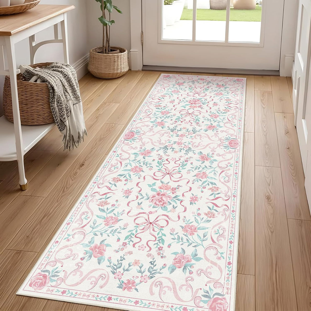 2'x6' Washable Pink Area Rug Floral Bow Small Rug with Rubber Back