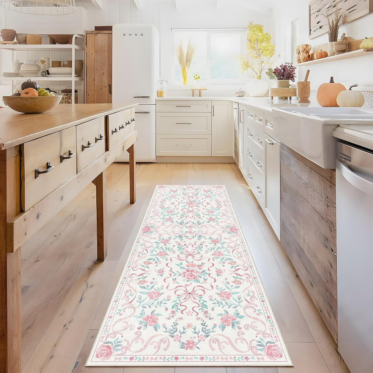 2'x6' Washable Pink Area Rug Floral Bow Small Rug with Rubber Back