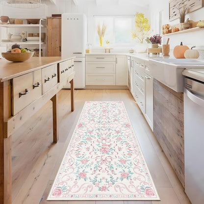 2'x6' Washable Pink Area Rug Floral Bow Small Rug with Rubber Back