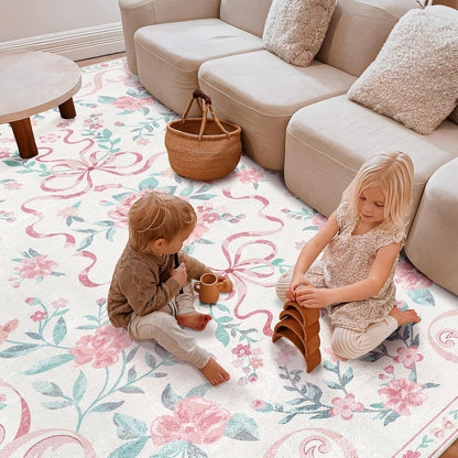 2'x6' Washable Pink Area Rug Floral Bow Small Rug with Rubber Back