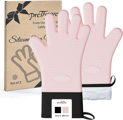 Silicone Oven Mitts, Waterproof & Non-Slip Oven Gloves with Fingers,Cotton Lined Silicone Oven Gloves Kitchen Mitts-Heat Resistant for Baking Cooking BBQ,Women（Pink