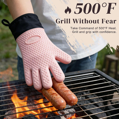 Silicone Oven Mitts, Waterproof & Non-Slip Oven Gloves with Fingers,Cotton Lined Silicone Oven Gloves Kitchen Mitts-Heat Resistant for Baking Cooking BBQ,Women（Pink
