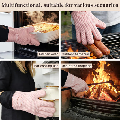 Silicone Oven Mitts, Waterproof & Non-Slip Oven Gloves with Fingers,Cotton Lined Silicone Oven Gloves Kitchen Mitts-Heat Resistant for Baking Cooking BBQ,Women（Pink