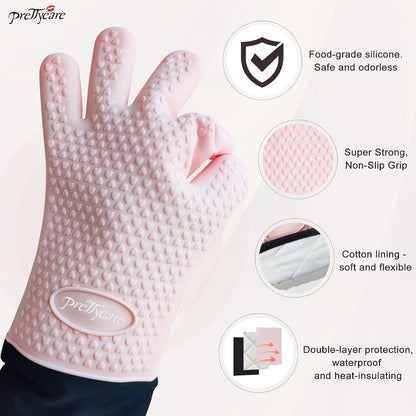 Silicone Oven Mitts, Waterproof & Non-Slip Oven Gloves with Fingers,Cotton Lined Silicone Oven Gloves Kitchen Mitts-Heat Resistant for Baking Cooking BBQ,Women（Pink