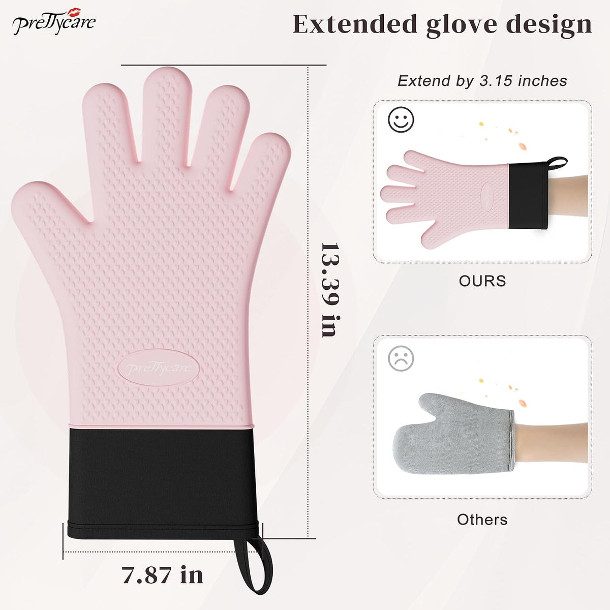 Silicone Oven Mitts, Waterproof & Non-Slip Oven Gloves with Fingers,Cotton Lined Silicone Oven Gloves Kitchen Mitts-Heat Resistant for Baking Cooking BBQ,Women（Pink