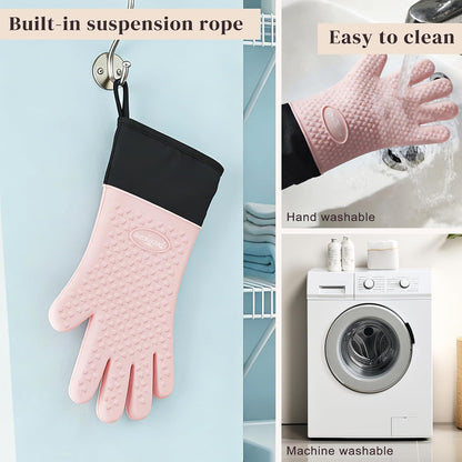 Silicone Oven Mitts, Waterproof & Non-Slip Oven Gloves with Fingers,Cotton Lined Silicone Oven Gloves Kitchen Mitts-Heat Resistant for Baking Cooking BBQ,Women（Pink