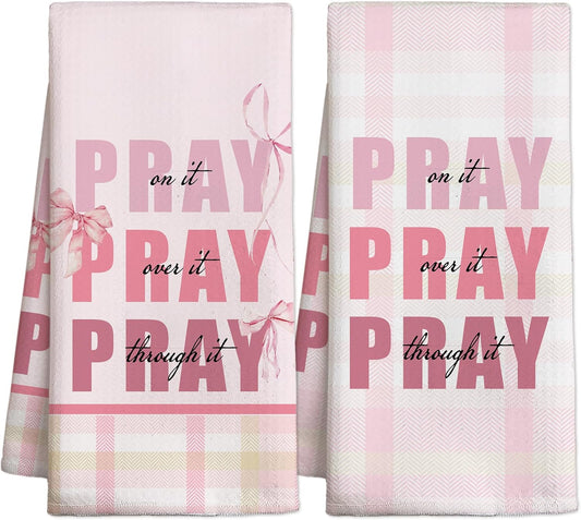 Pink Bow Kitchen Towels Set, Christian Decorative Kitchen Dish Towels, Cute Waffle Weave Dish Cloth, Pink Home Decor, Best Housewarming Gifts for Family Friends-B06