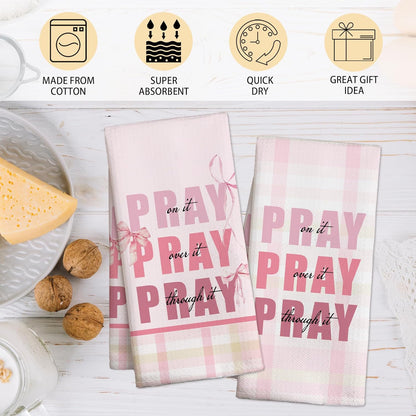 Pink Bow Kitchen Towels Set, Christian Decorative Kitchen Dish Towels, Cute Waffle Weave Dish Cloth, Pink Home Decor, Best Housewarming Gifts for Family Friends-B06