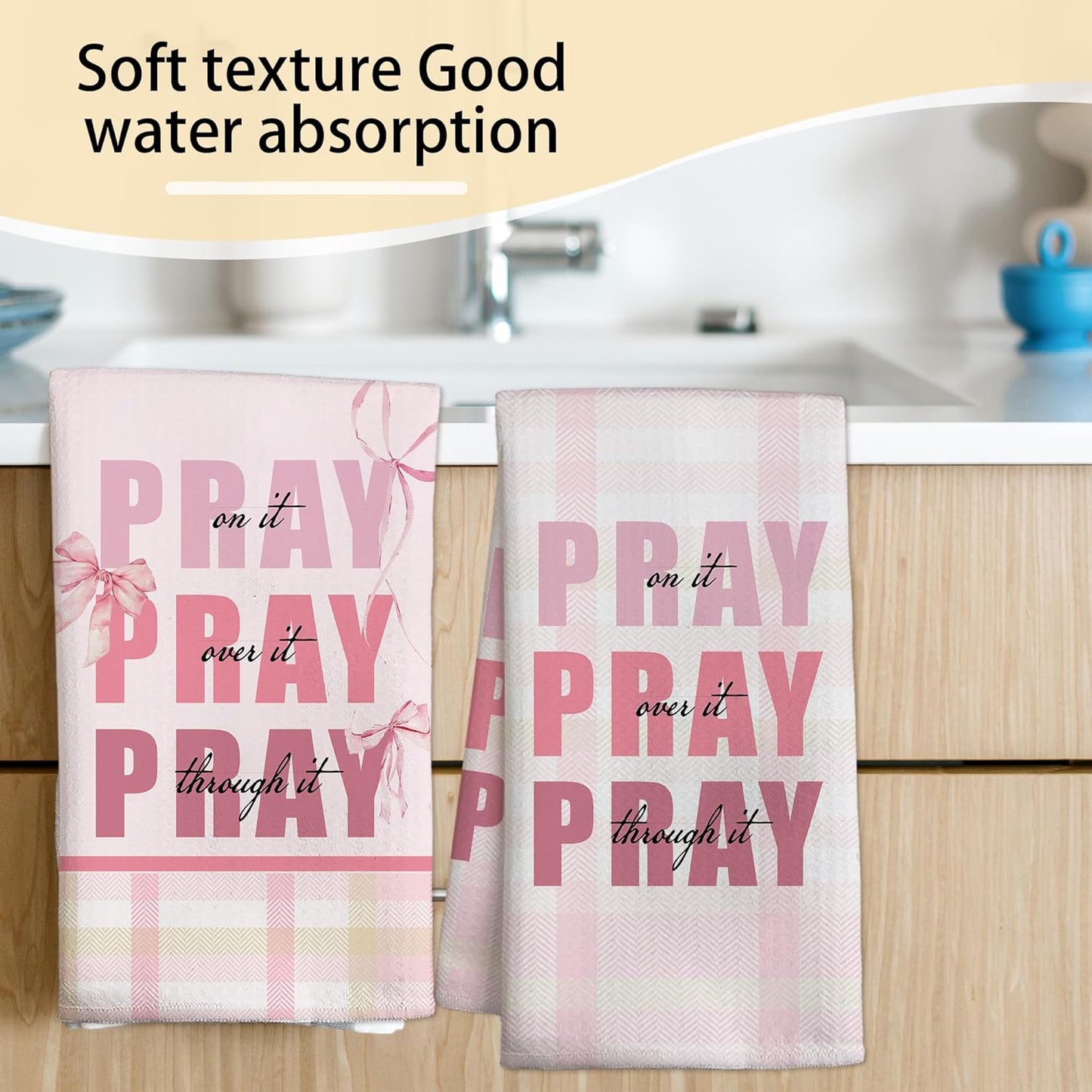 Pink Bow Kitchen Towels Set, Christian Decorative Kitchen Dish Towels, Cute Waffle Weave Dish Cloth, Pink Home Decor, Best Housewarming Gifts for Family Friends-B06