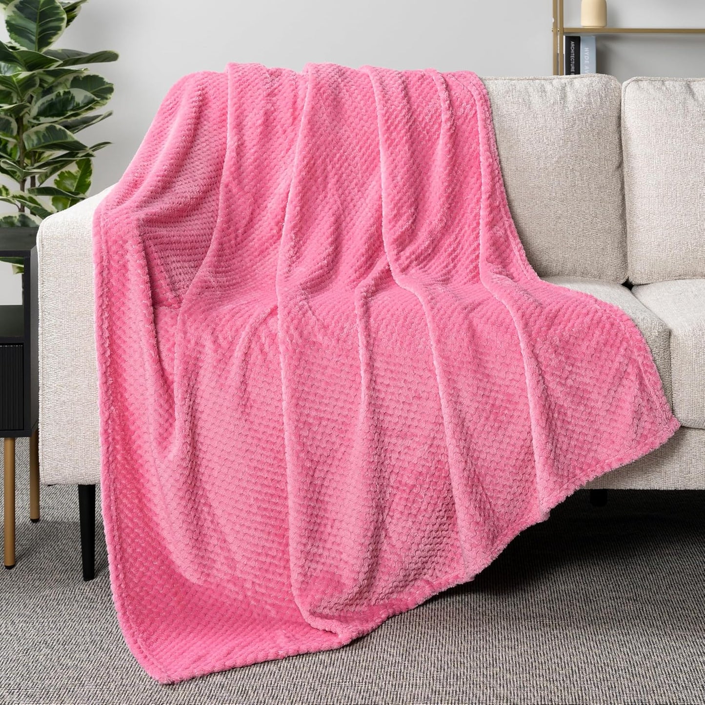 PAVILIA Hot Pink Fleece Throw Blanket for Couch Sofa Bed, Soft Fuzzy Waffle Jacquard Microfiber, Warm Lightweight Fade-Resistant Decorative All Season Throw, 50x60