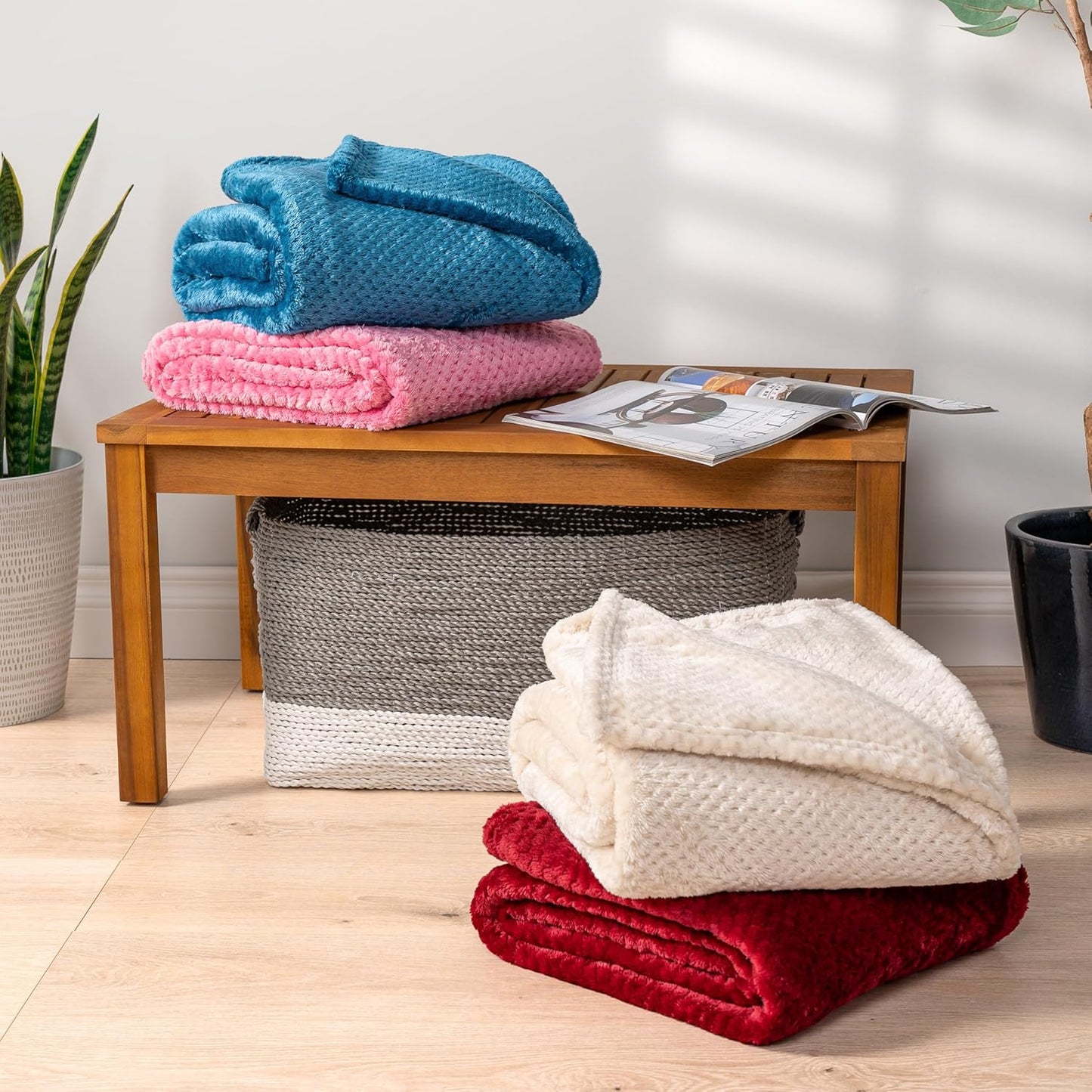 PAVILIA Hot Pink Fleece Throw Blanket for Couch Sofa Bed, Soft Fuzzy Waffle Jacquard Microfiber, Warm Lightweight Fade-Resistant Decorative All Season Throw, 50x60