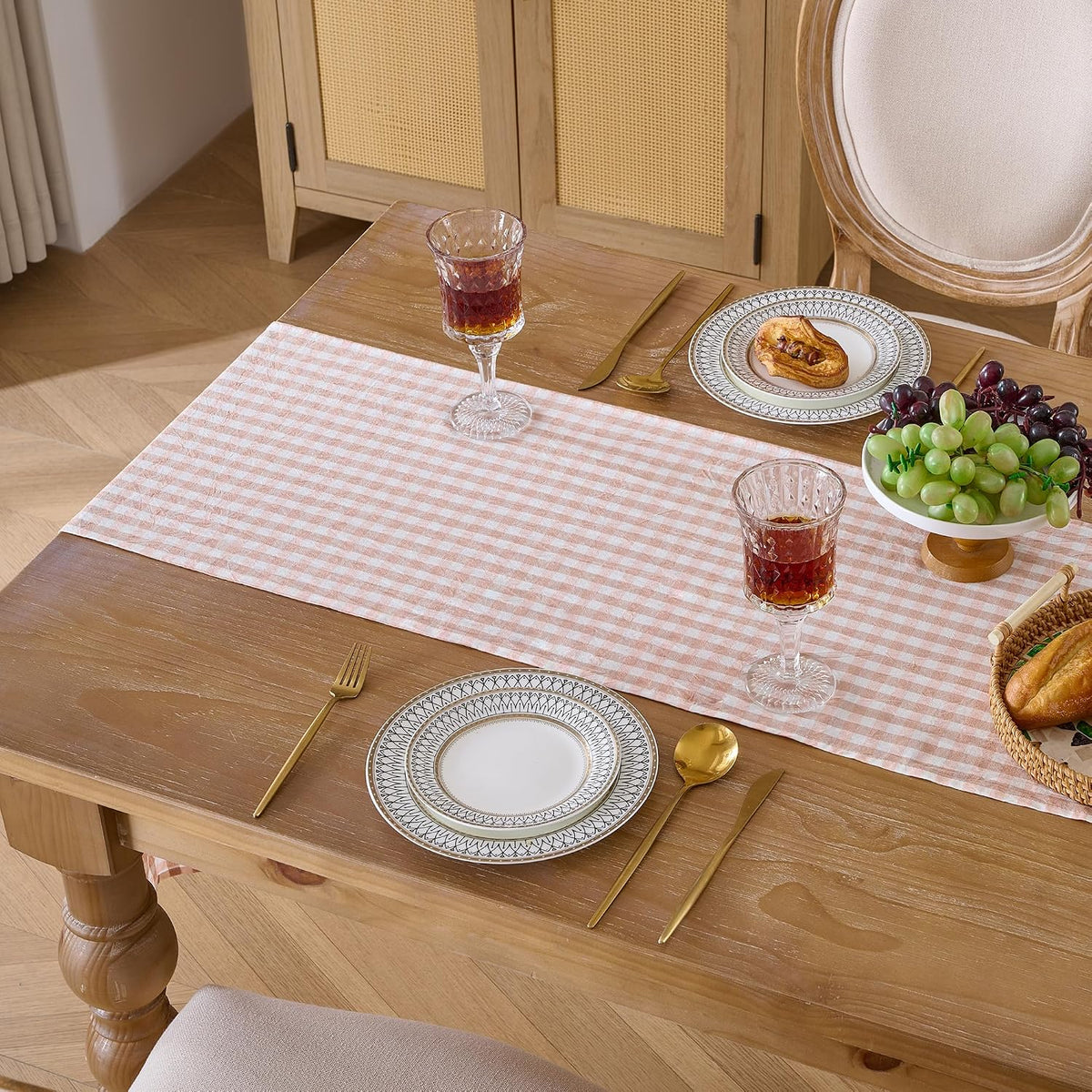 Plaid Gingham Ruffle Table Runner, Pink 13" x 72" Cotton