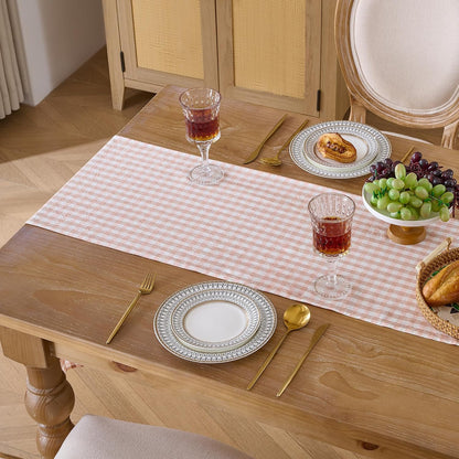 Plaid Gingham Ruffle Table Runner, Pink 13" x 72" Cotton