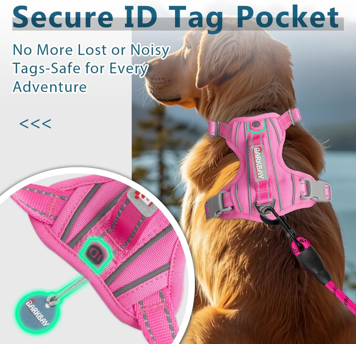 Dog Harness No Pull with ID Tag Pocket - Heavy Duty, Reflective, Easy Control for Large Dogs(Pink,L)