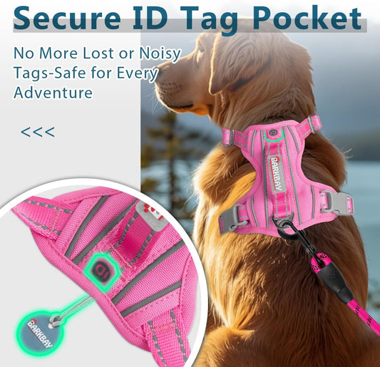 Dog Harness No Pull with ID Tag Pocket - Heavy Duty, Reflective, Easy Control for Large Dogs(Pink,L)