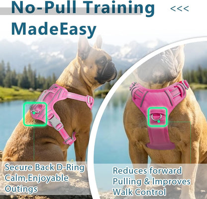 Dog Harness No Pull with ID Tag Pocket - Heavy Duty, Reflective, Easy Control for Large Dogs(Pink,L)