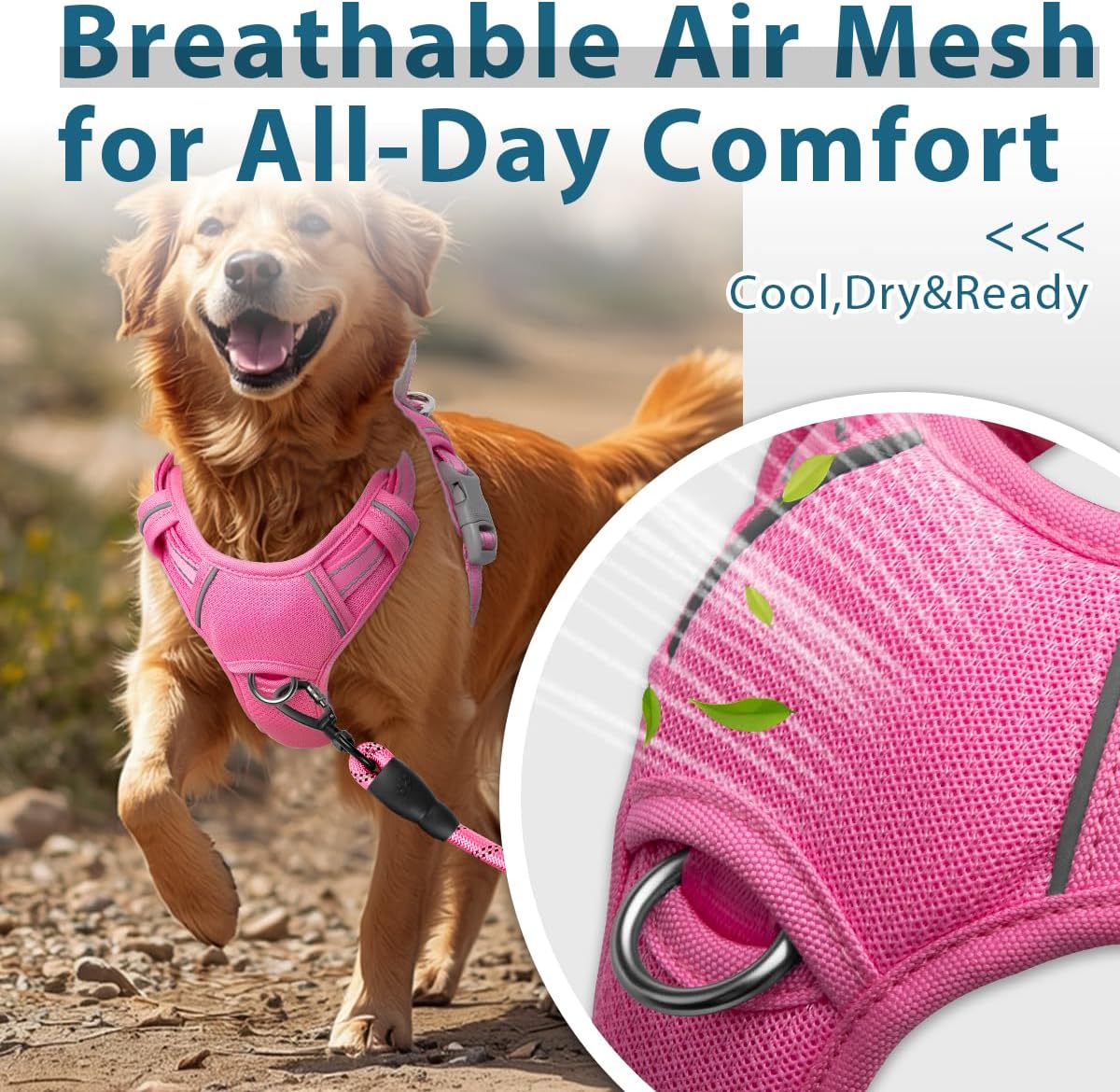 Dog Harness No Pull with ID Tag Pocket - Heavy Duty, Reflective, Easy Control for Large Dogs(Pink,L)